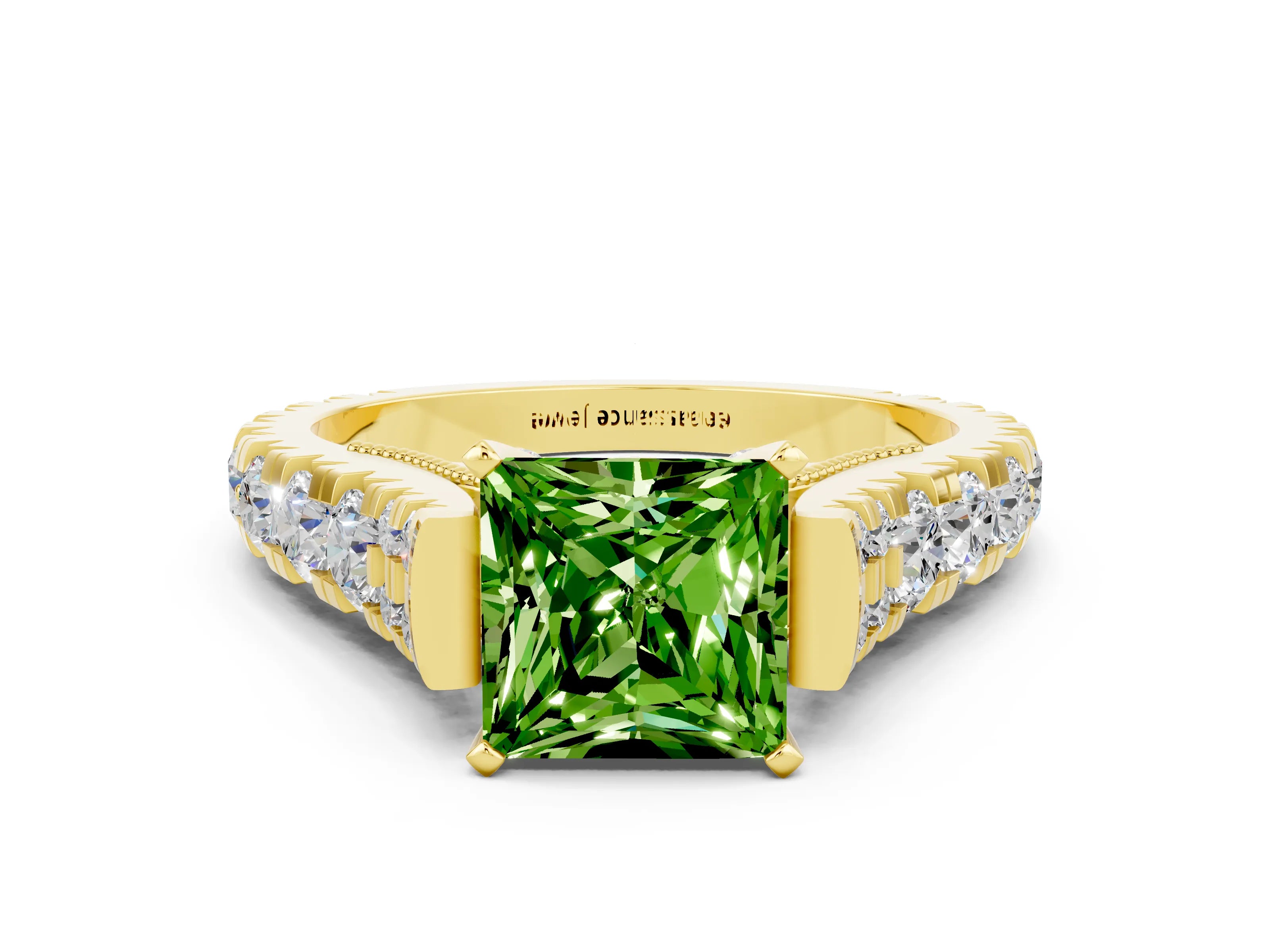 Yellow gold Princess Cut Peridot Classic Solitaire Ring with Pavé Band and Four-Prong Setting