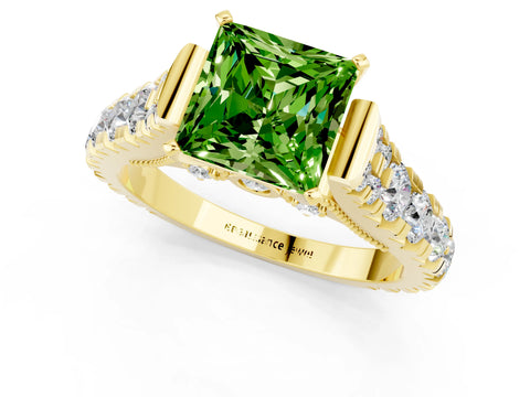 Yellow gold Princess Cut Peridot Classic Solitaire Ring with Pavé Band and Four-Prong Setting_1