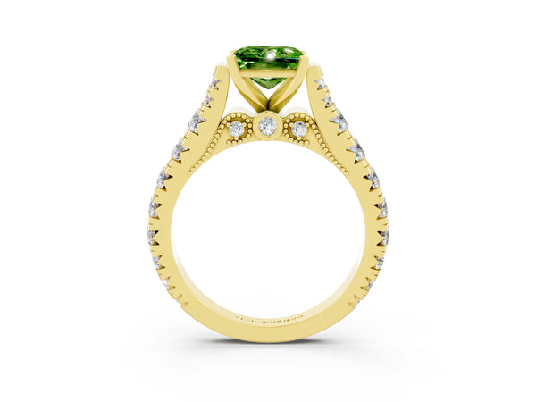 Yellow gold Princess Cut Peridot Classic Solitaire Ring with Pavé Band and Four-Prong Setting