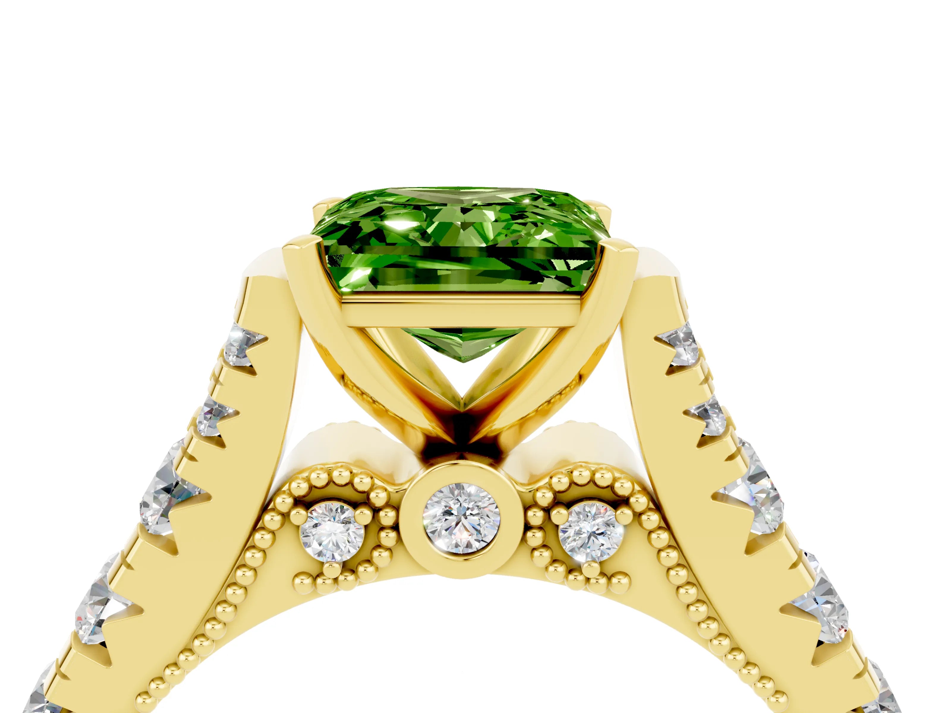Yellow gold Princess Cut Peridot Classic Solitaire Ring with Pavé Band and Four-Prong Setting_4