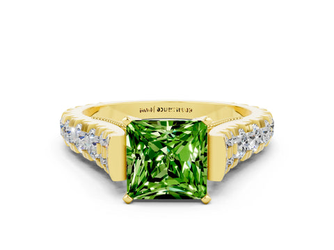 Yellow gold Princess Cut Peridot Classic Solitaire Ring with Pavé Band and Four-Prong Setting