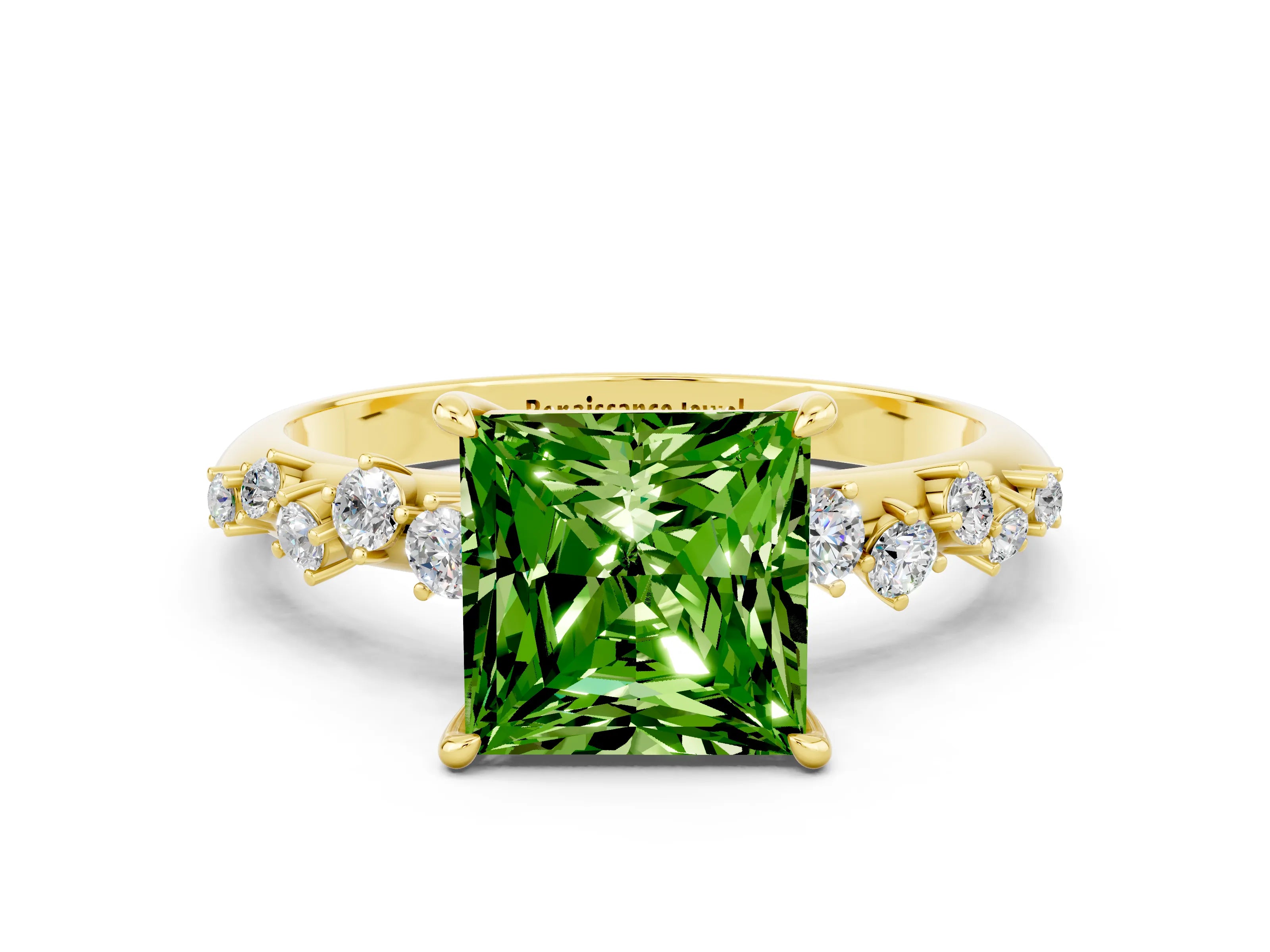 Yellow gold Princess Cut Peridot Cluster Side Stone Solitaire Ring with Prong Setting_24