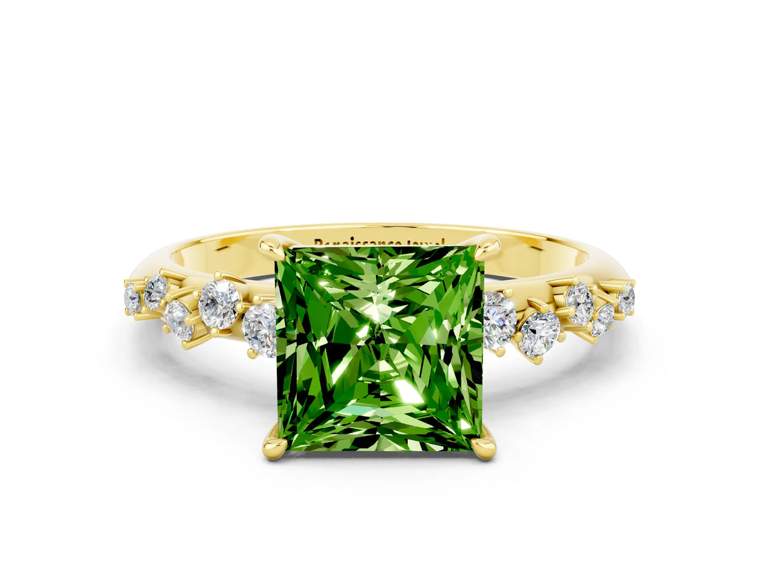 Yellow gold Princess Cut Peridot Cluster Side Stone Solitaire Ring with Prong Setting_24