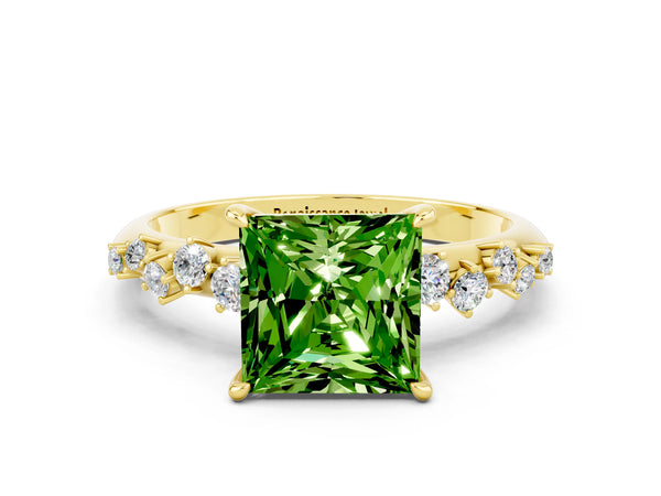 Yellow gold Princess Cut Peridot Cluster Side Stone Solitaire Ring with Prong Setting