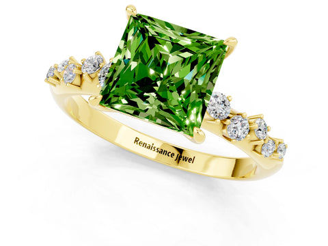 Yellow gold Princess Cut Peridot Cluster Side Stone Solitaire Ring with Prong Setting_25