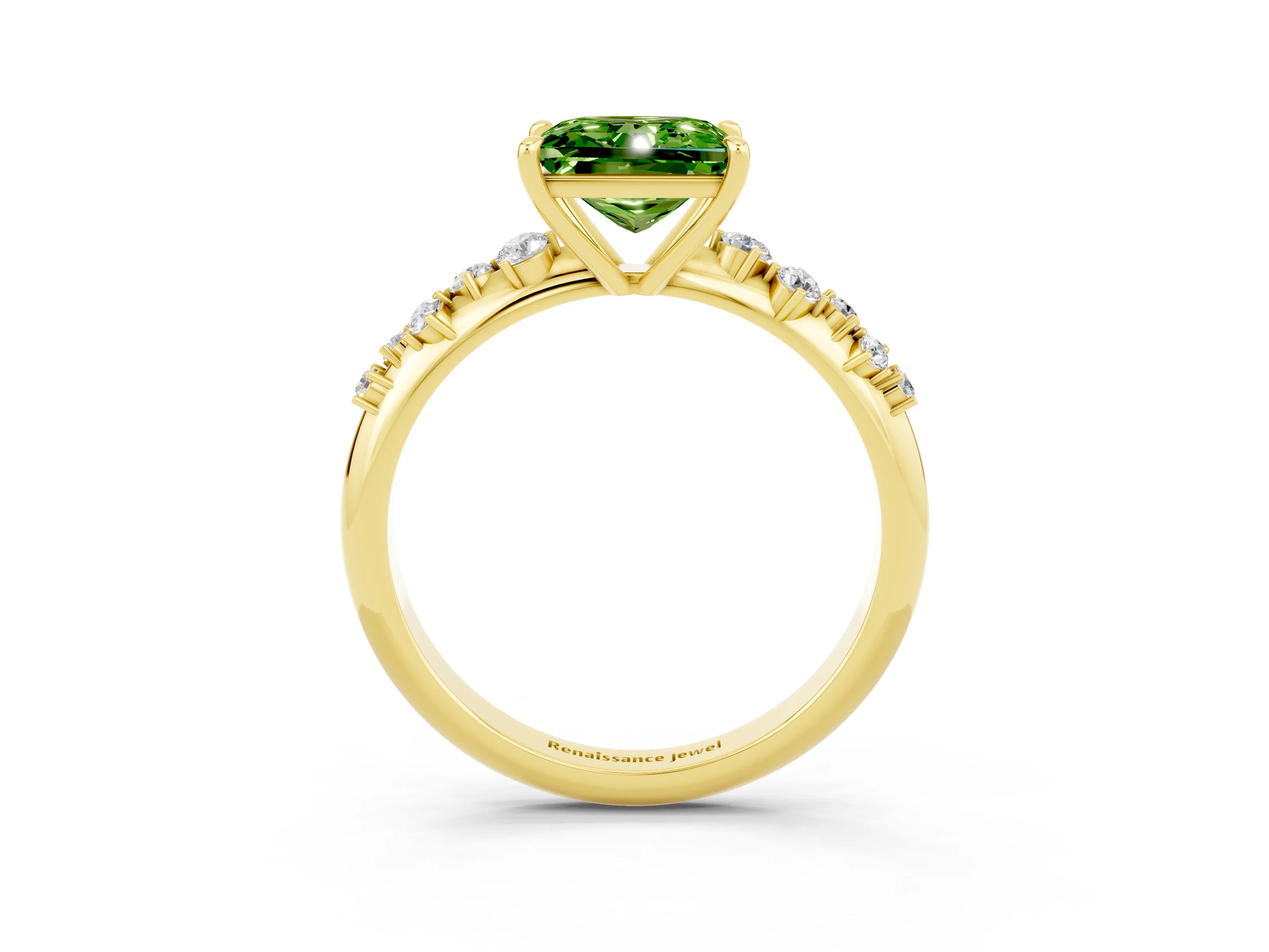Yellow gold Princess Cut Peridot Cluster Side Stone Solitaire Ring with Prong Setting_27