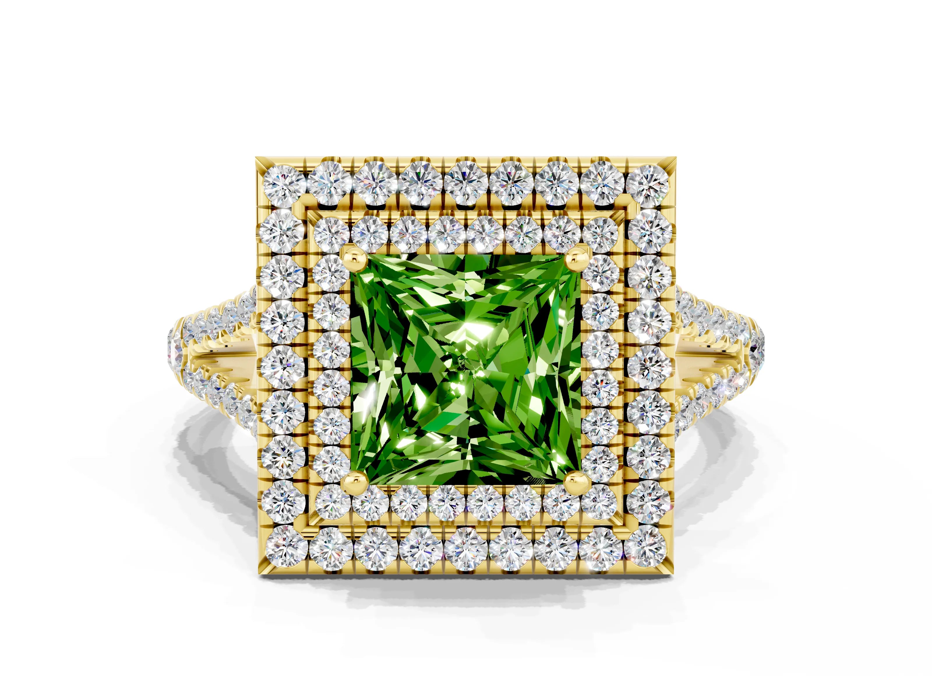 Yellow gold Princess Cut Peridot Double Halo Ring with Pavé Band and Prong Setting_12