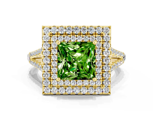 Yellow gold Princess Cut Peridot Double Halo Ring with Pavé Band and Prong Setting