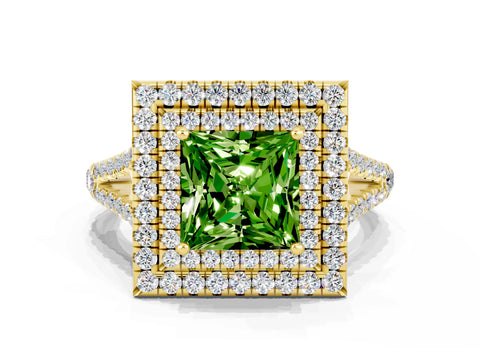 Yellow gold Princess Cut Peridot Double Halo Ring with Pavé Band and Prong Setting_12