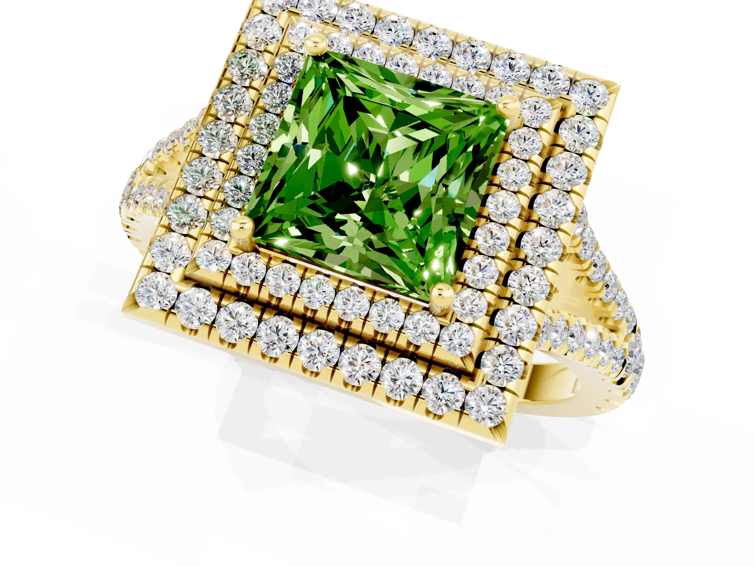 Yellow gold Princess Cut Peridot Double Halo Ring with Pavé Band and Prong Setting_13