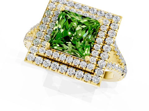 Yellow gold Princess Cut Peridot Double Halo Ring with Pavé Band and Prong Setting_13