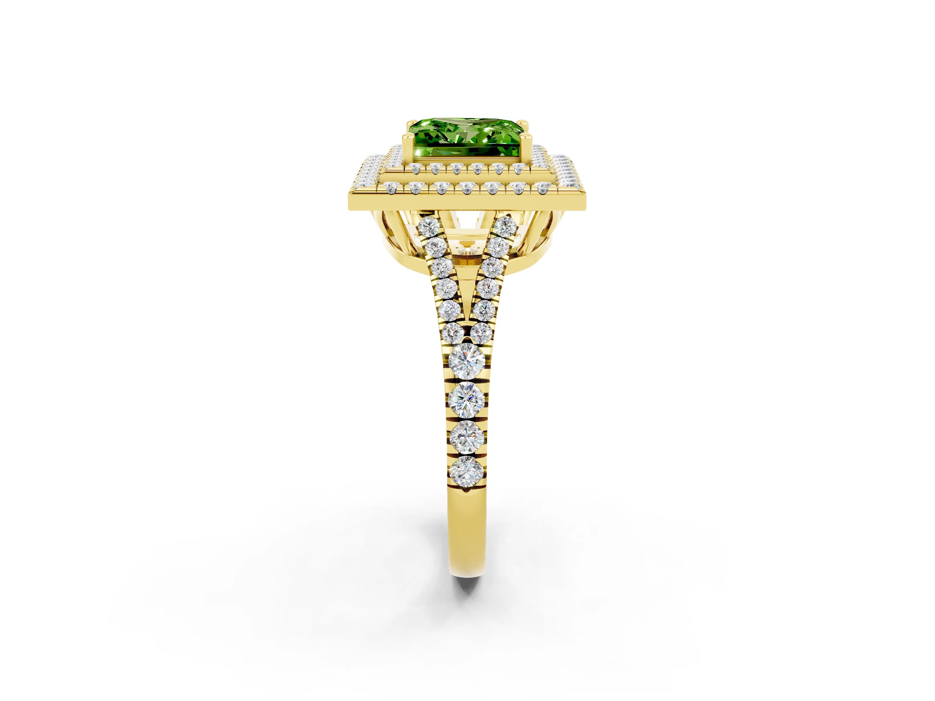 Yellow gold Princess Cut Peridot Double Halo Ring with Pavé Band and Prong Setting_14