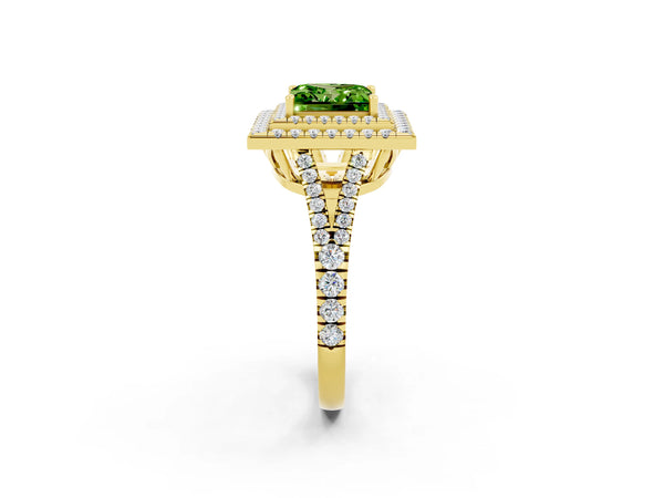 Yellow gold Princess Cut Peridot Double Halo Ring with Pavé Band and Prong Setting