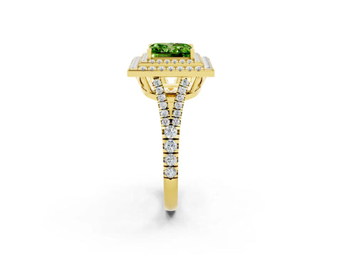 Yellow gold Princess Cut Peridot Double Halo Ring with Pavé Band and Prong Setting_14