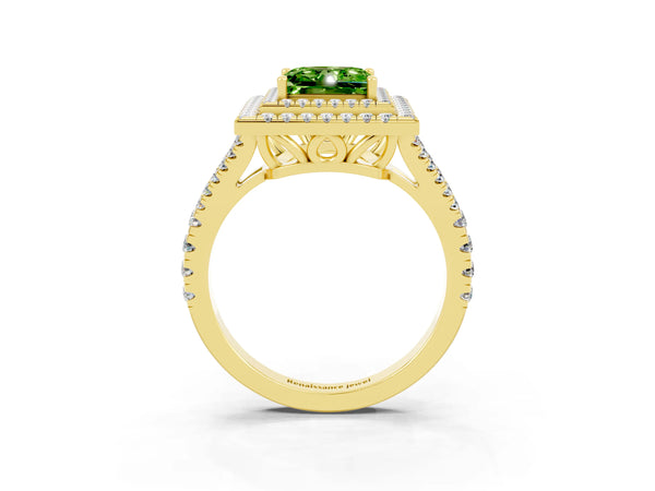 Yellow gold Princess Cut Peridot Double Halo Ring with Pavé Band and Prong Setting