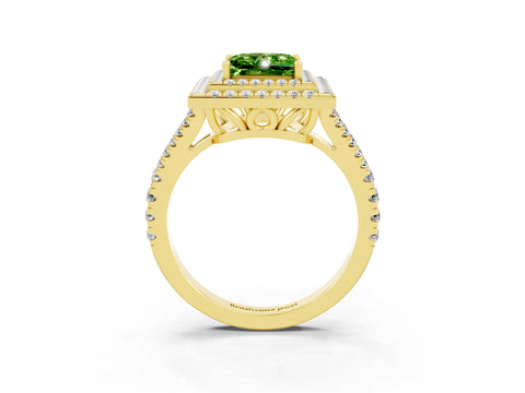 Yellow gold Princess Cut Peridot Double Halo Ring with Pavé Band and Prong Setting_15