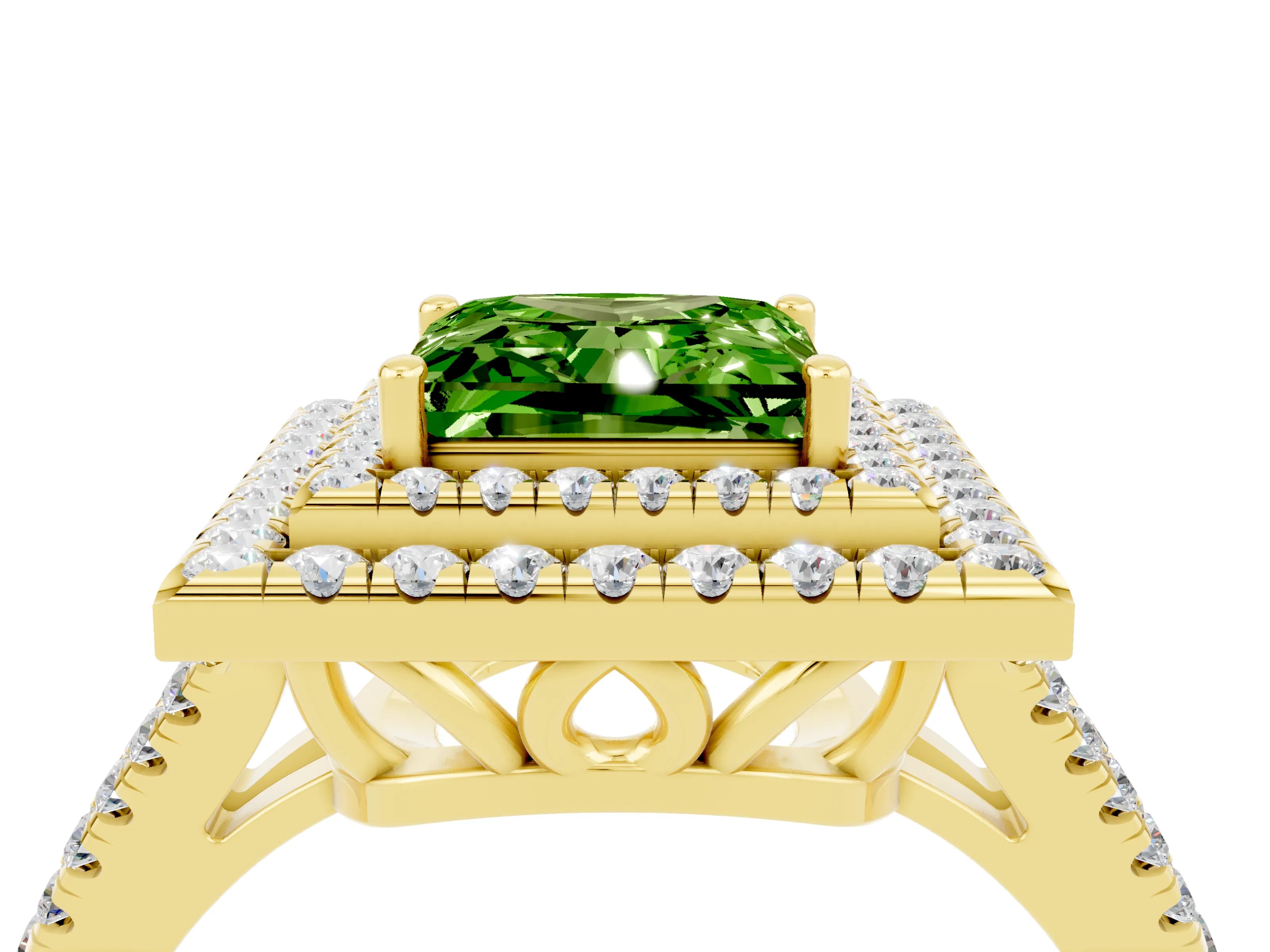 Yellow gold Princess Cut Peridot Double Halo Ring with Pavé Band and Prong Setting_16