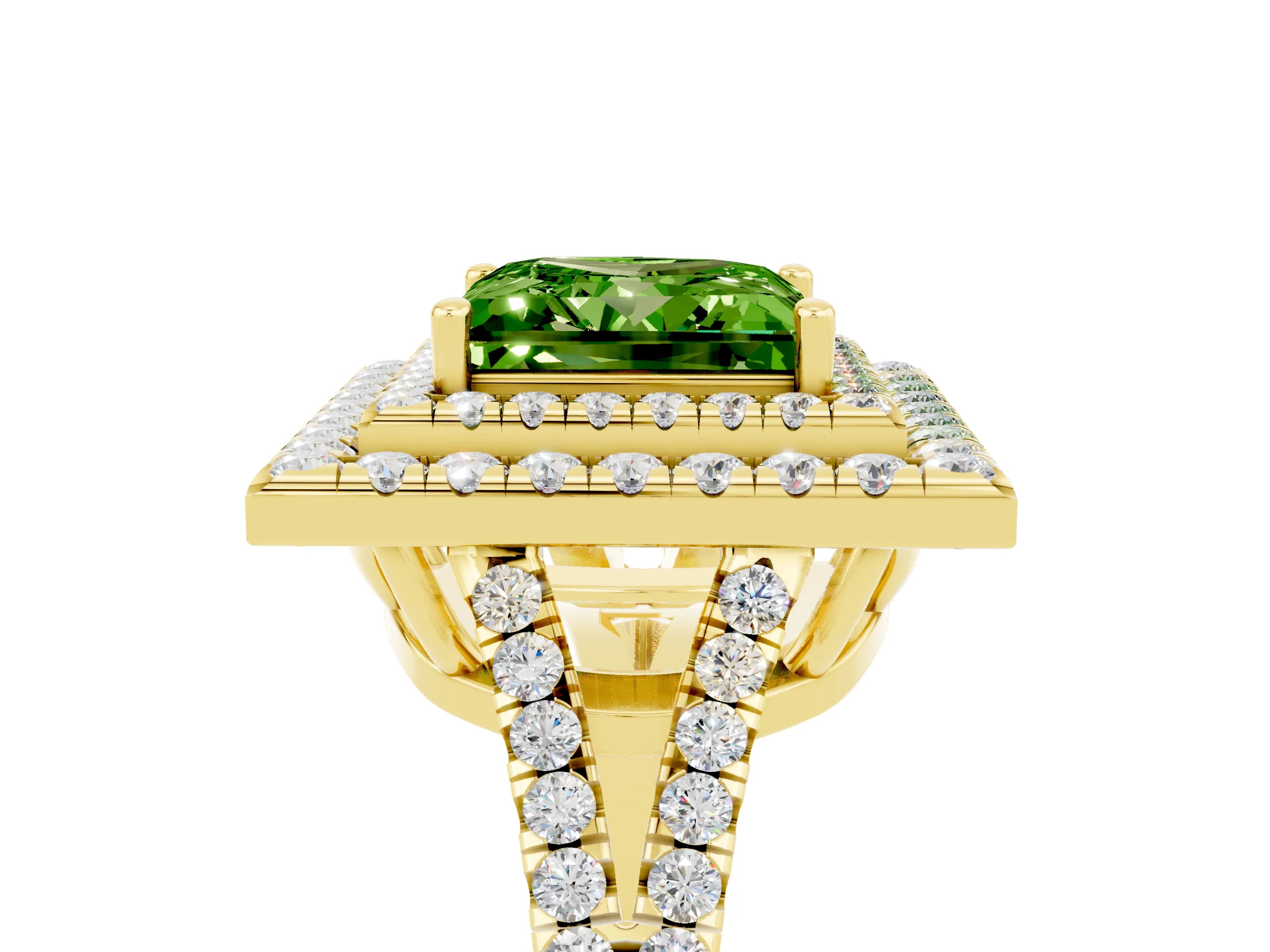 Yellow gold Princess Cut Peridot Double Halo Ring with Pavé Band and Prong Setting_17