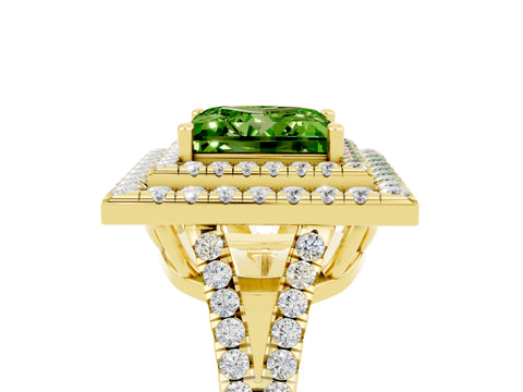 Yellow gold Princess Cut Peridot Double Halo Ring with Pavé Band and Prong Setting_17