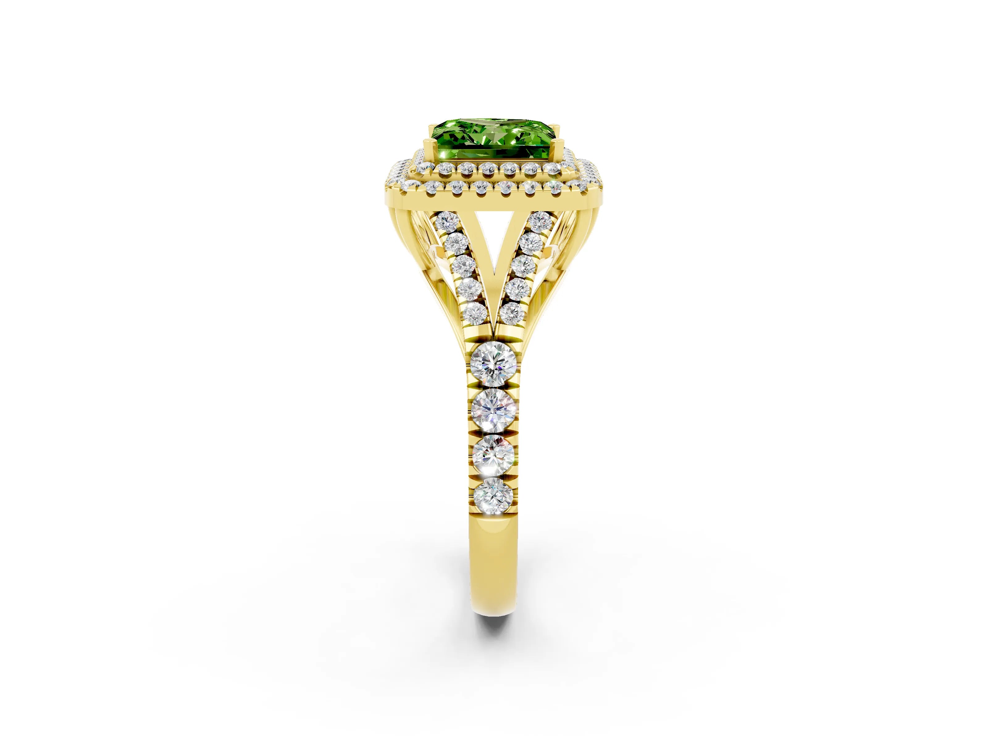 Yellow gold Princess Cut Peridot Double Halo Ring with Split Shank and Prong Setting_14