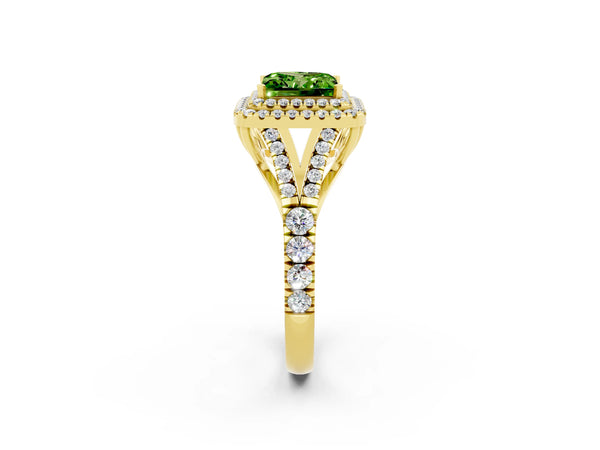 Yellow gold Princess Cut Peridot Double Halo Ring with Split Shank and Prong Setting