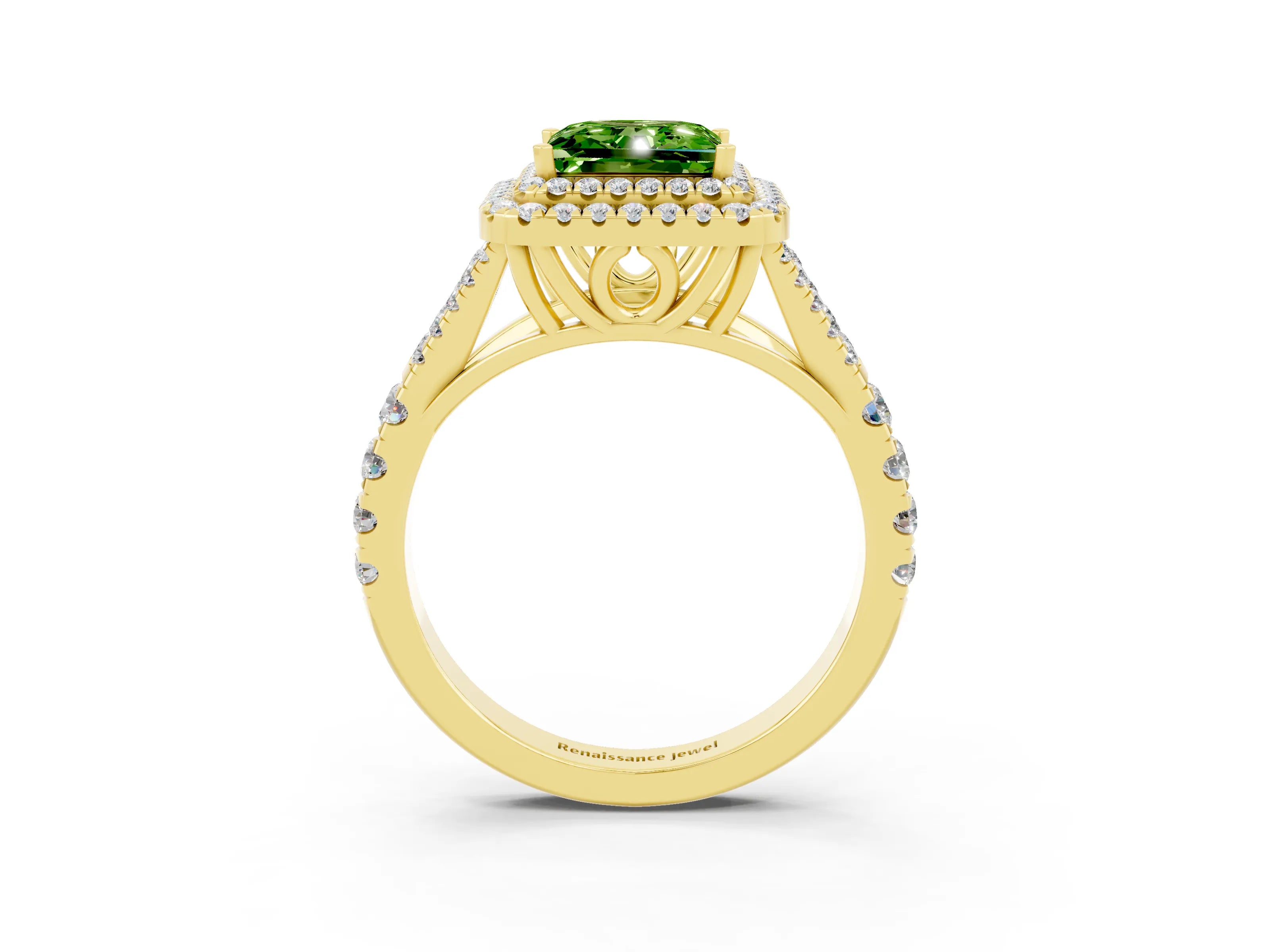 Yellow gold Princess Cut Peridot Double Halo Ring with Split Shank and Prong Setting_15