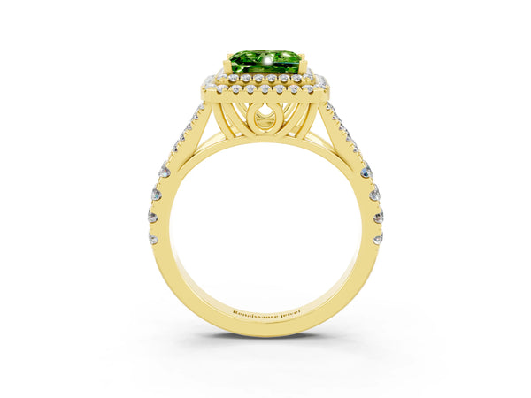 Yellow gold Princess Cut Peridot Double Halo Ring with Split Shank and Prong Setting