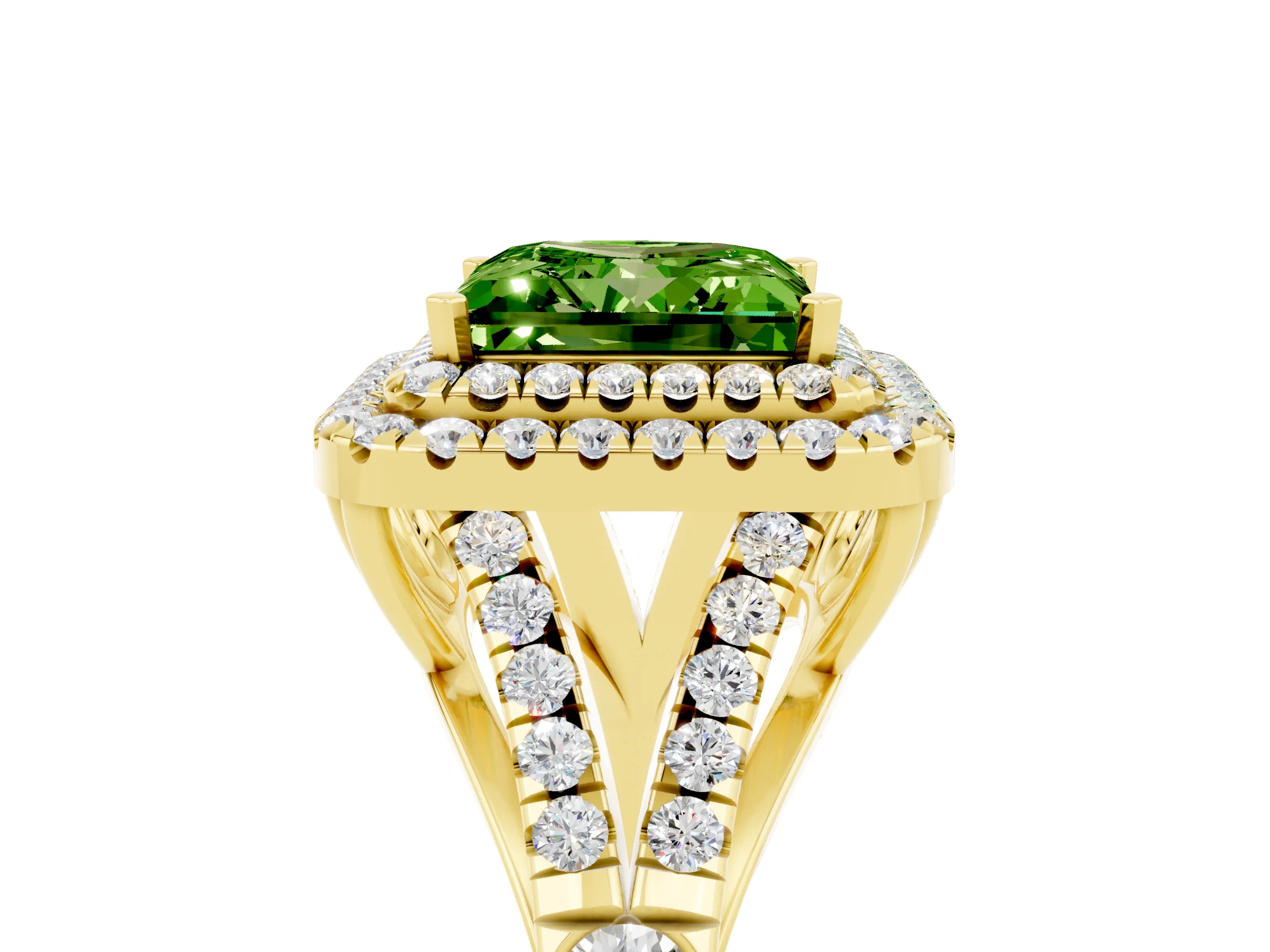 Yellow gold Princess Cut Peridot Double Halo Ring with Split Shank and Prong Setting_17