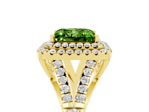 Yellow gold Princess Cut Peridot Double Halo Ring with Split Shank and Prong Setting_17