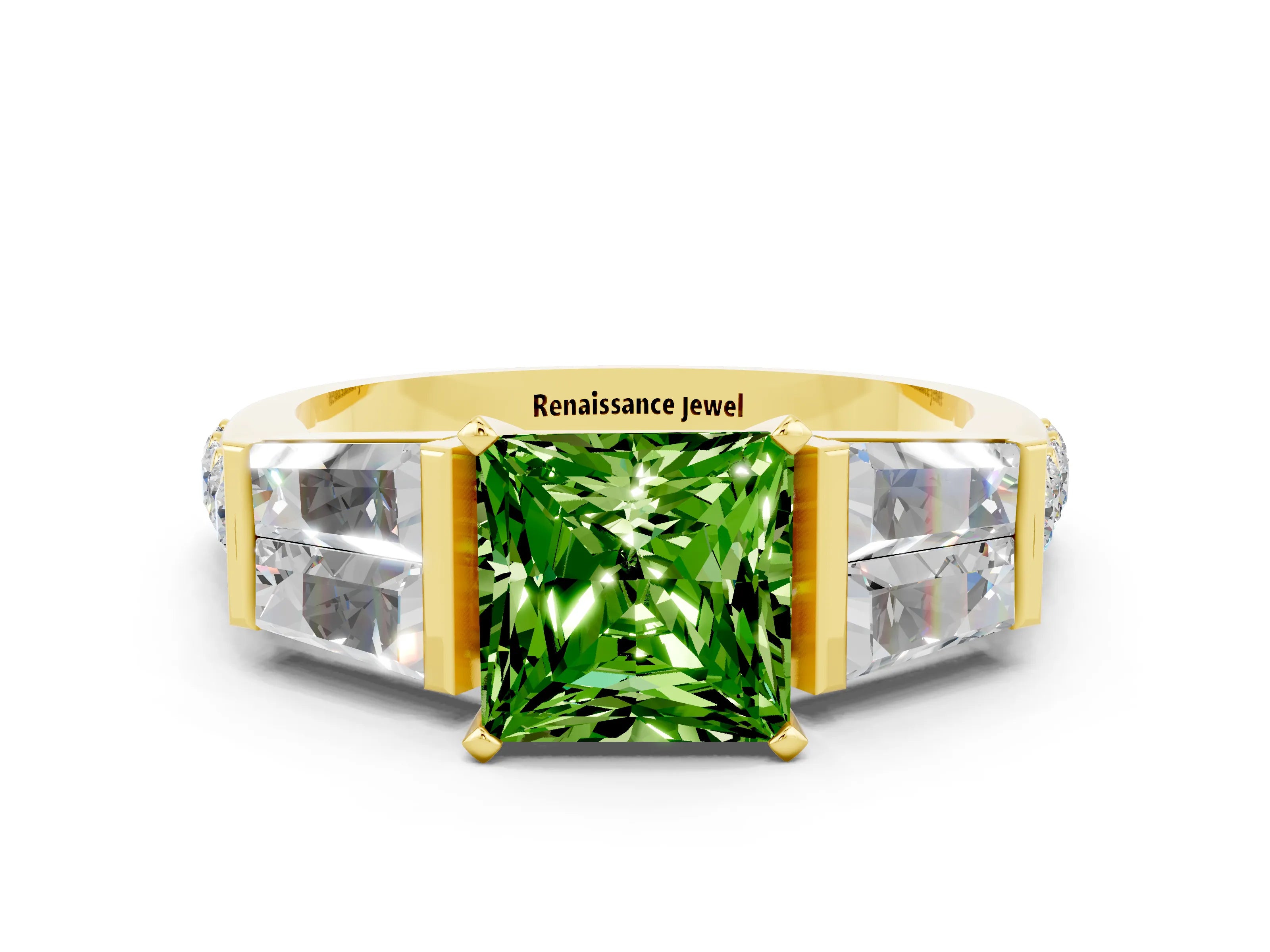 Yellow gold Princess Cut Peridot Engagement Ring with Baguette Side Stones and Channel Set Band