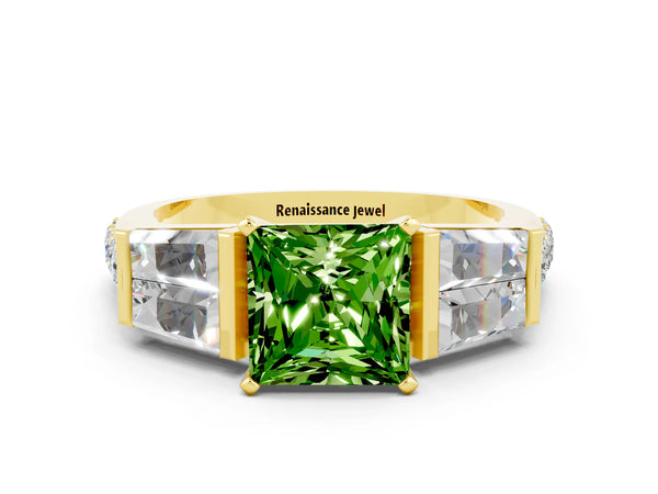 Yellow gold Princess Cut Peridot Engagement Ring with Baguette Side Stones and Channel Set Band