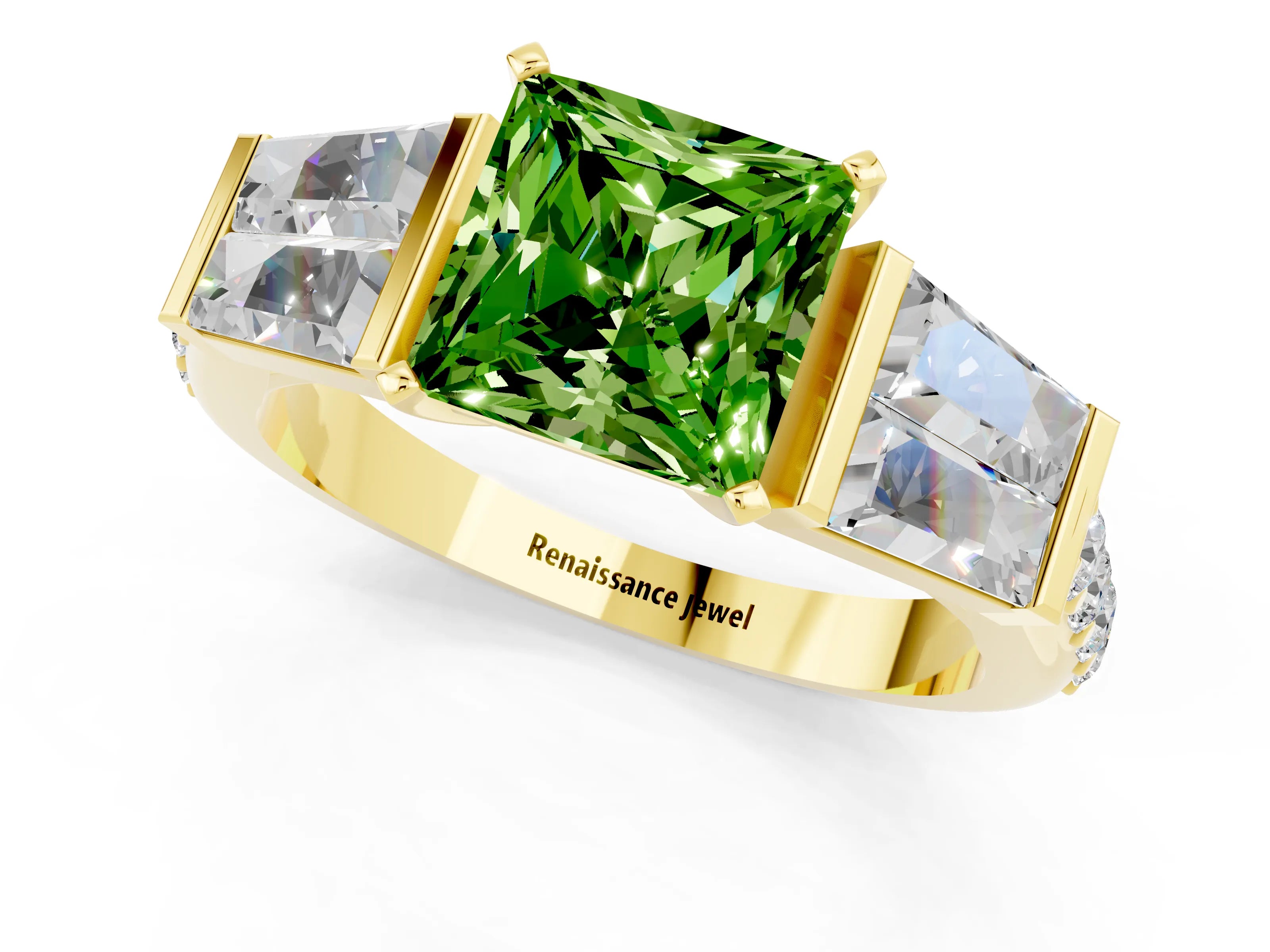 Yellow gold Princess Cut Peridot Engagement Ring with Baguette Side Stones and Channel Set Band_1