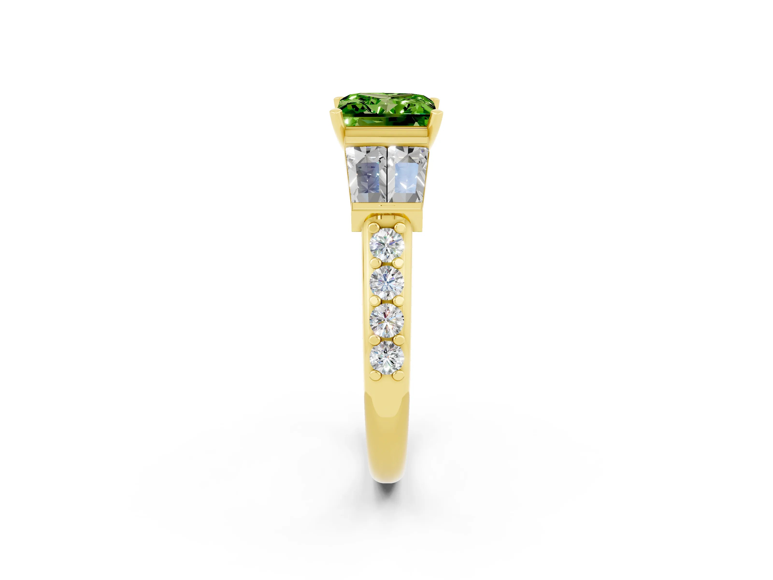 Yellow gold Princess Cut Peridot Engagement Ring with Baguette Side Stones and Channel Set Band_2
