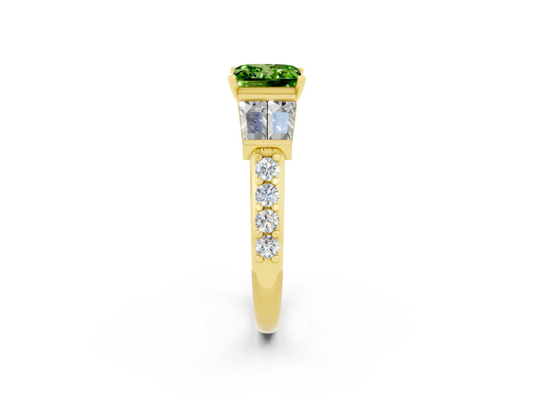 Yellow gold Princess Cut Peridot Engagement Ring with Baguette Side Stones and Channel Set Band
