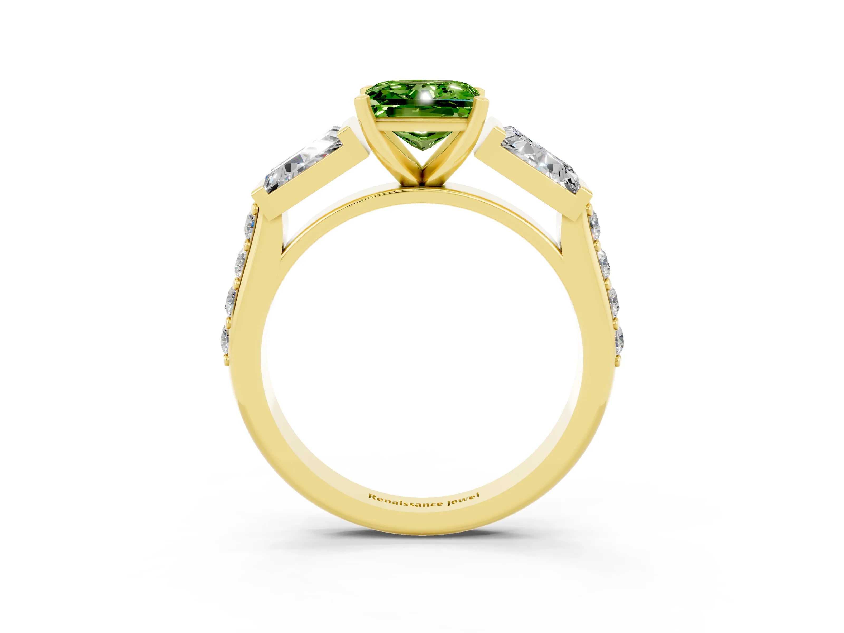 Yellow gold Princess Cut Peridot Engagement Ring with Baguette Side Stones and Channel Set Band_3