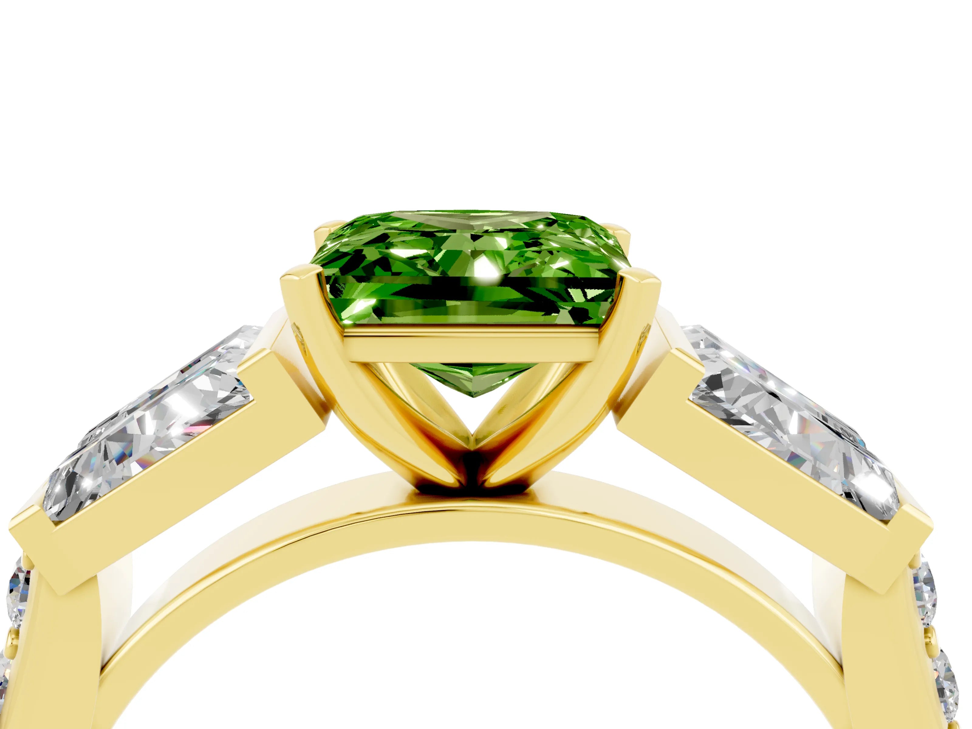 Yellow gold Princess Cut Peridot Engagement Ring with Baguette Side Stones and Channel Set Band_4
