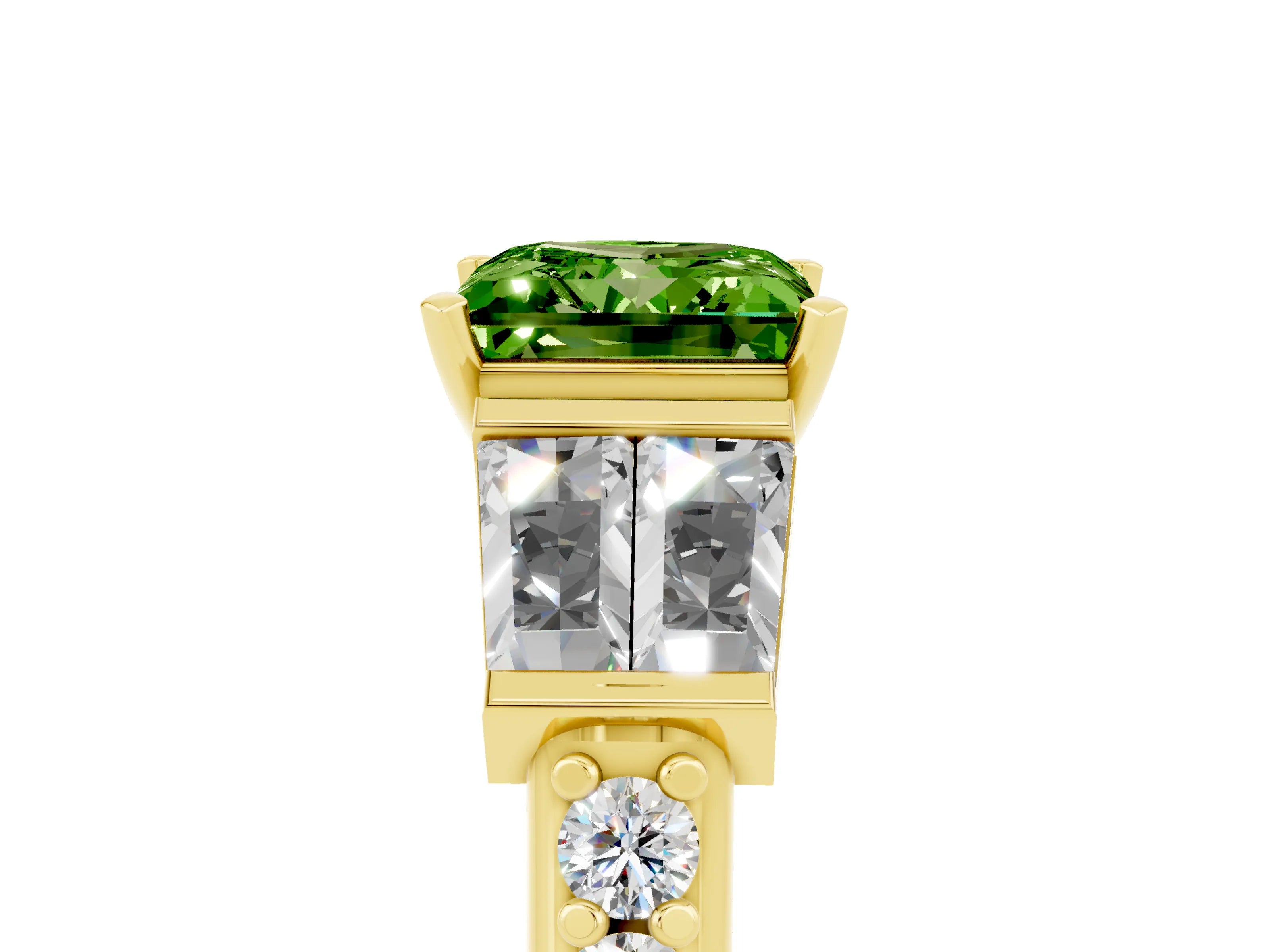 Yellow gold Princess Cut Peridot Engagement Ring with Baguette Side Stones and Channel Set Band_5