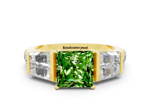 Yellow gold Princess Cut Peridot Engagement Ring with Baguette Side Stones and Channel Set Band