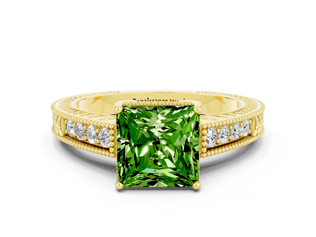 Yellow gold Princess Cut Peridot Engagement Ring with Milgrain Channel Set Band and Prong Setting