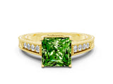 Yellow gold Princess Cut Peridot Engagement Ring with Milgrain Channel Set Band and Prong Setting