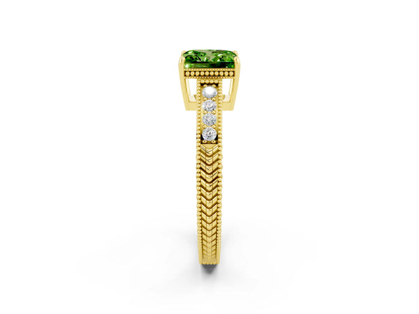 Yellow gold Princess Cut Peridot Engagement Ring with Milgrain Channel Set Band and Prong Setting