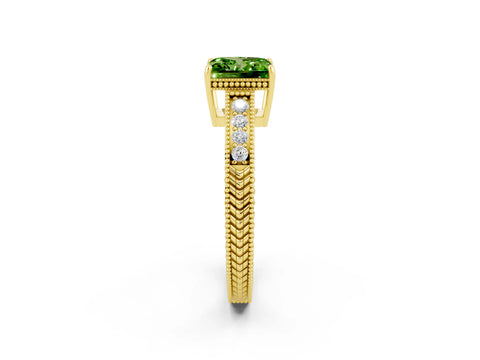 Yellow gold Princess Cut Peridot Engagement Ring with Milgrain Channel Set Band and Prong Setting_2
