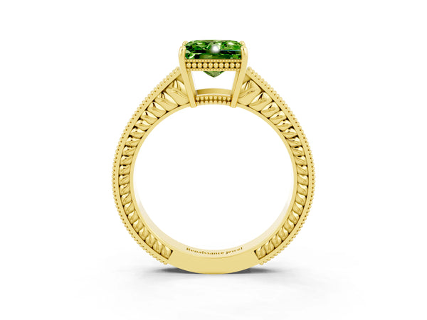 Yellow gold Princess Cut Peridot Engagement Ring with Milgrain Channel Set Band and Prong Setting