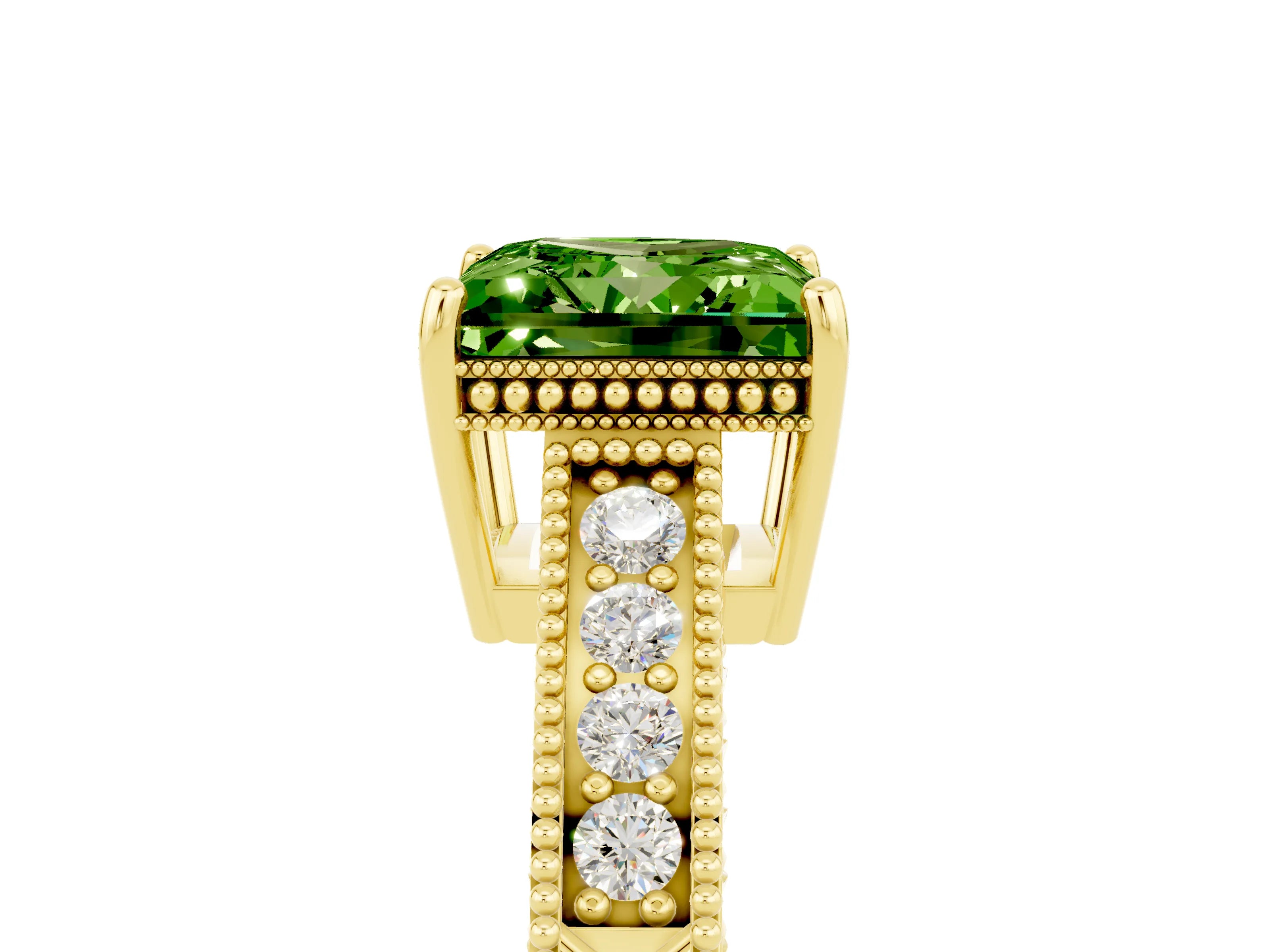 Yellow gold Princess Cut Peridot Engagement Ring with Milgrain Channel Set Band and Prong Setting_5