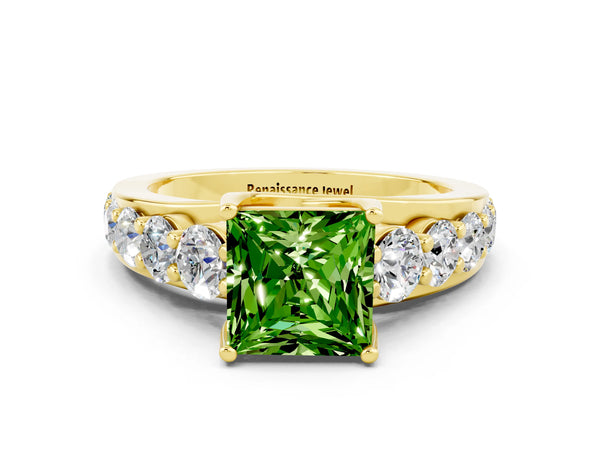 Yellow gold Princess Cut Peridot Engagement Ring with Pavé Band and Four-Prong Setting