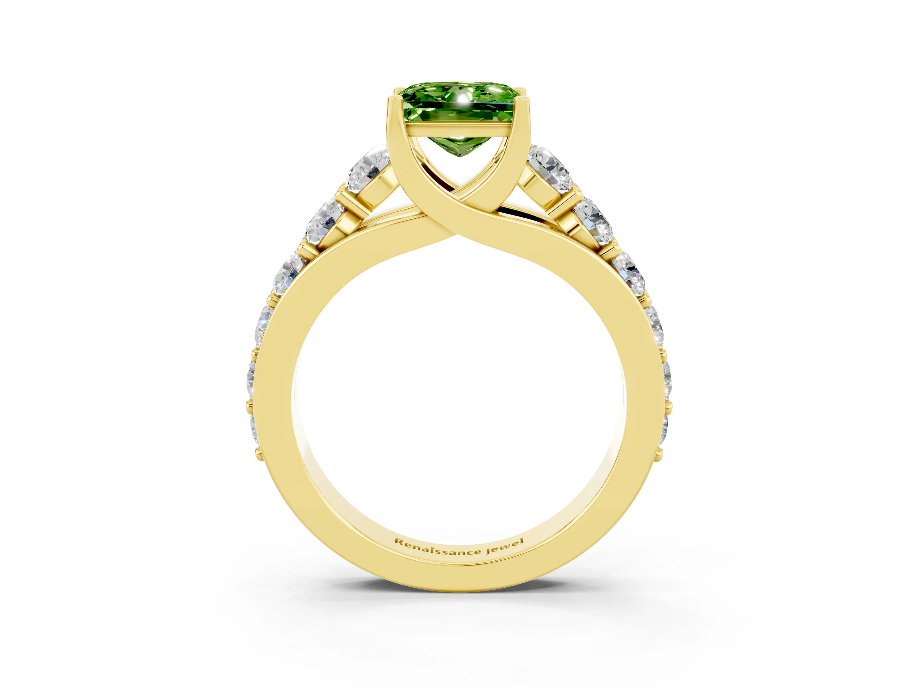 Yellow gold Princess Cut Peridot Engagement Ring with Pavé Band and Four-Prong Setting_3