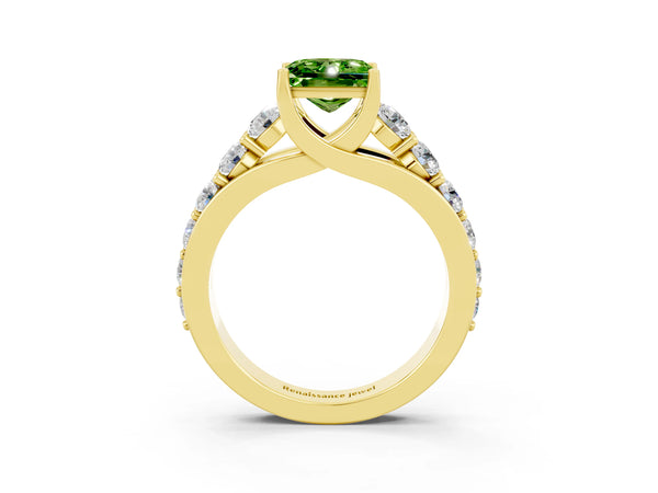 Yellow gold Princess Cut Peridot Engagement Ring with Pavé Band and Four-Prong Setting