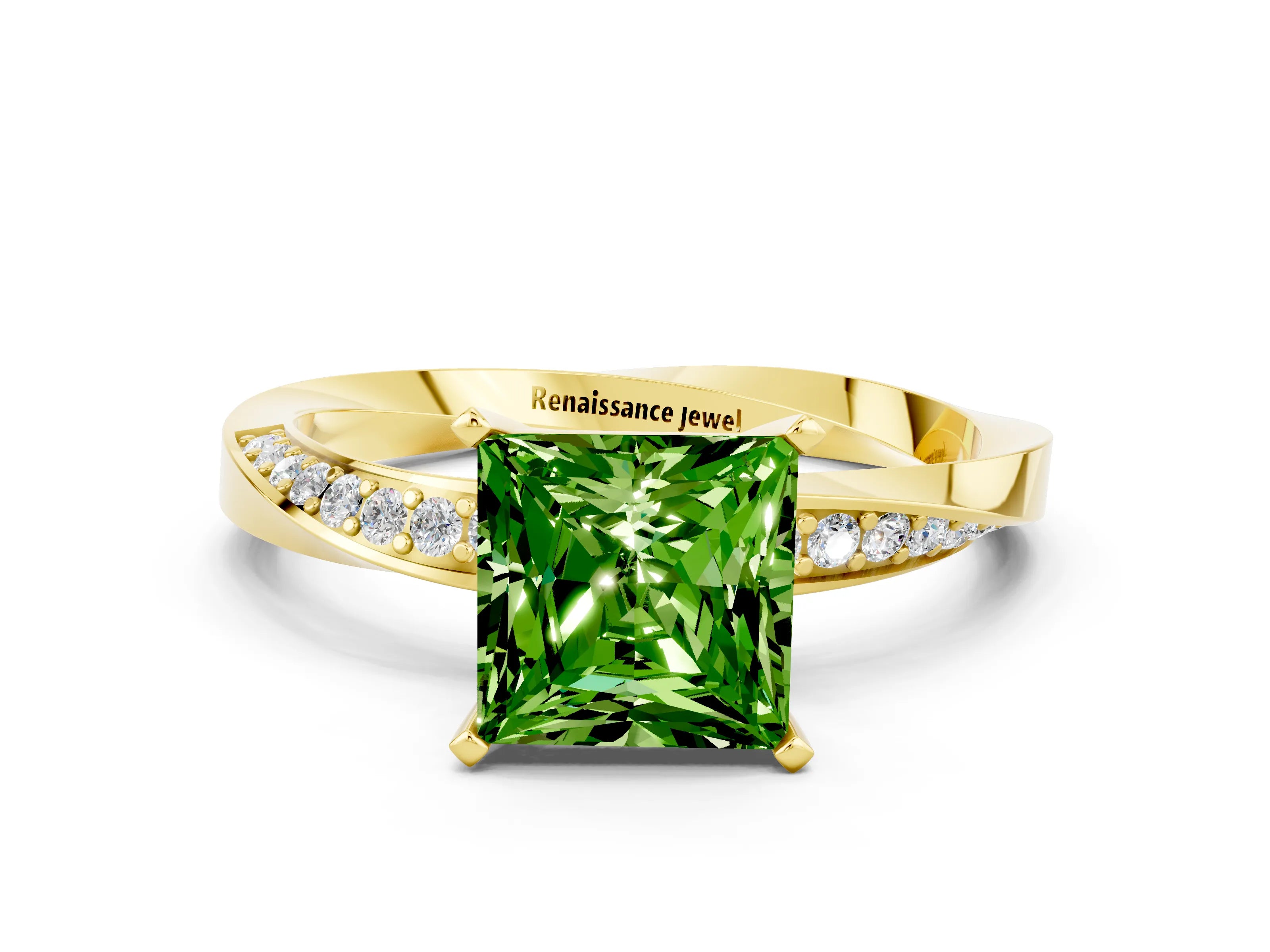 Yellow gold Princess Cut Peridot Engagement Ring with Side Stone Accents and Four-Prong Setting_39