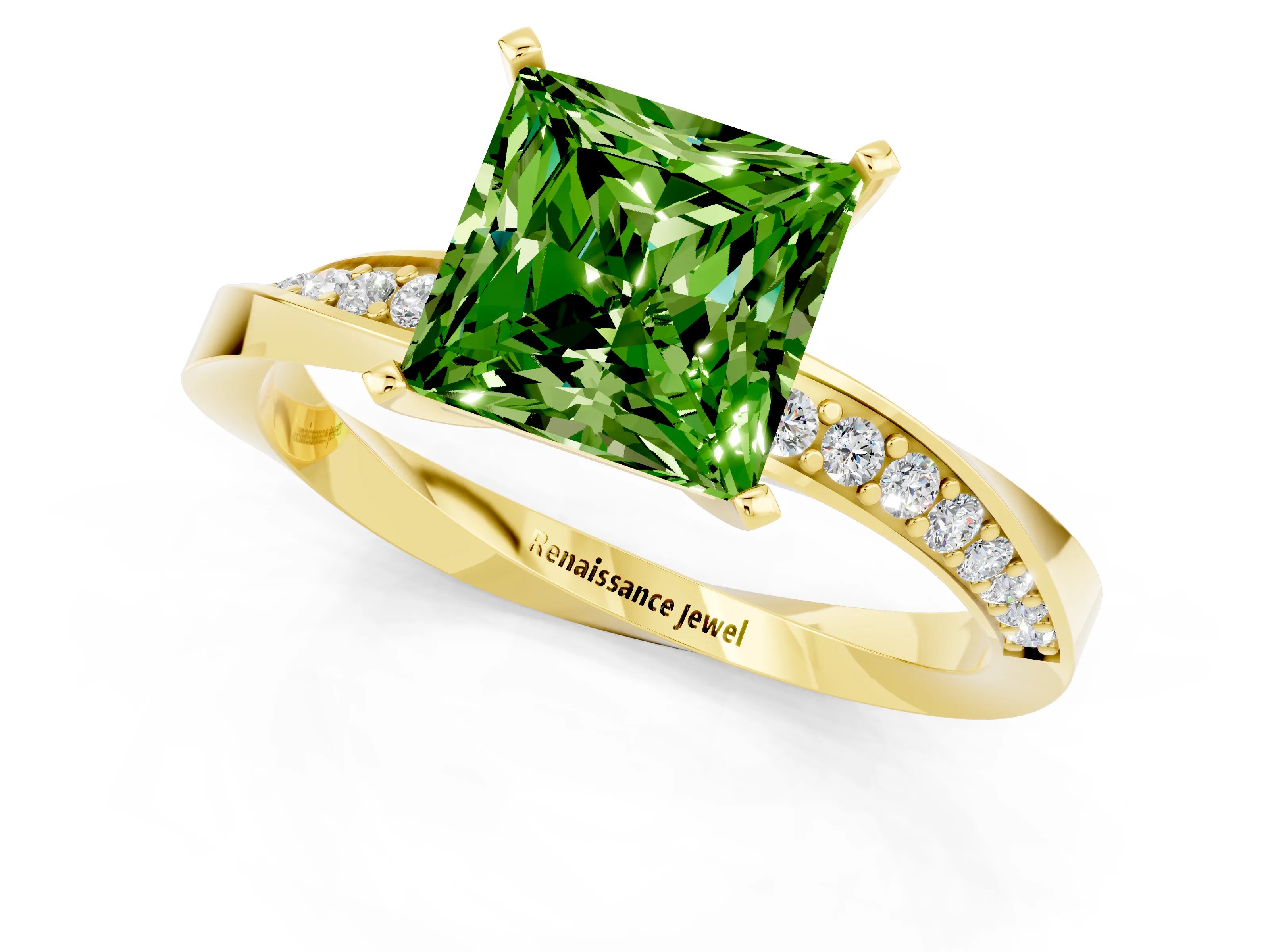Yellow gold Princess Cut Peridot Engagement Ring with Side Stone Accents and Four-Prong Setting_40