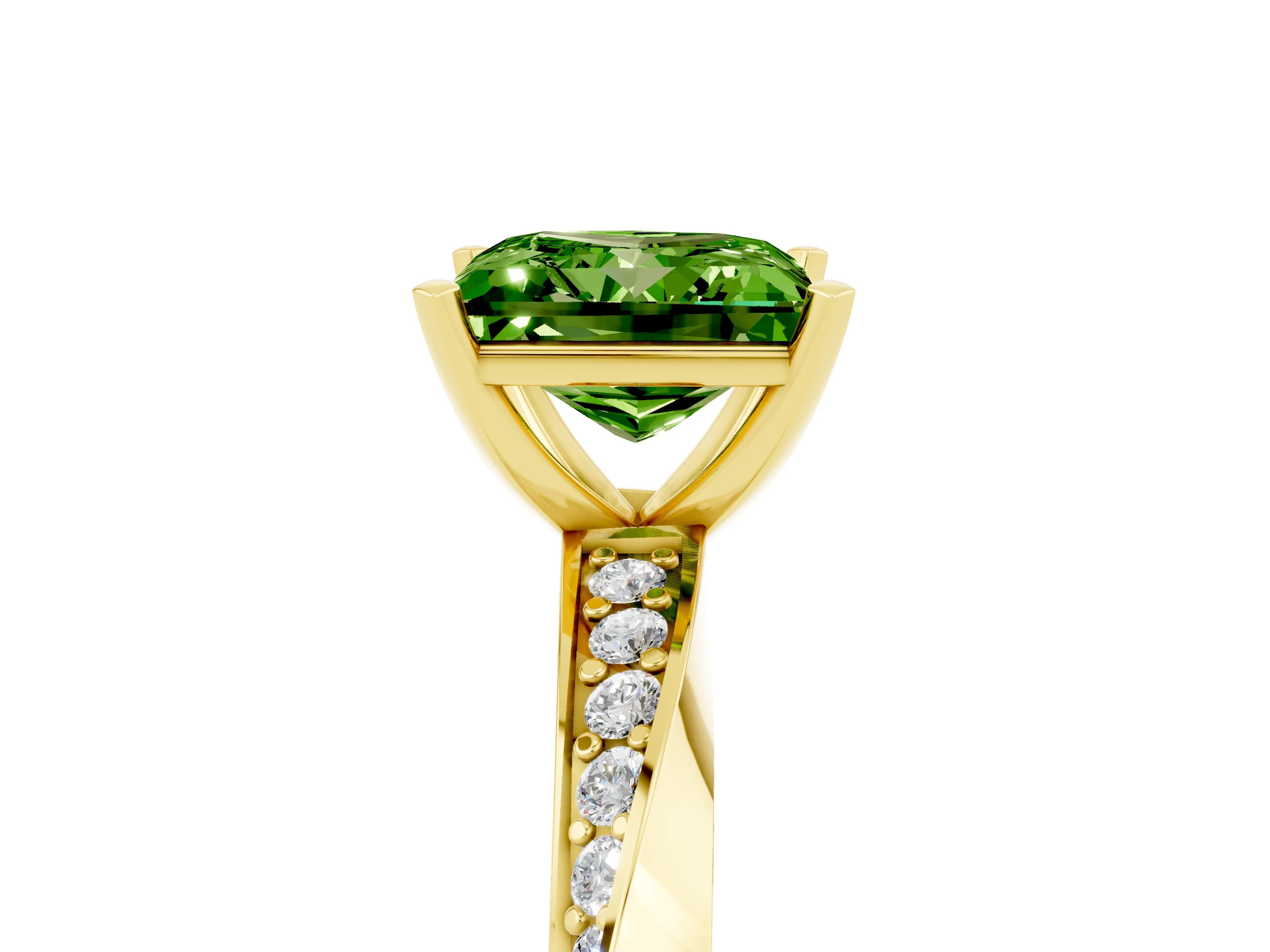 Yellow gold Princess Cut Peridot Engagement Ring with Side Stone Accents and Four-Prong Setting_44